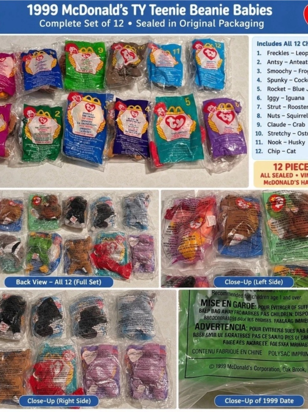 McDonald's 1999 Ty Teenie Beanie Babies Complete Set of 12 Complete Set of 12